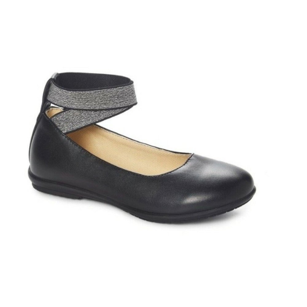 Easy Strider Little Girls Ankle Strap Ballet Flat Shoes Black Silver Size 11 NEW
